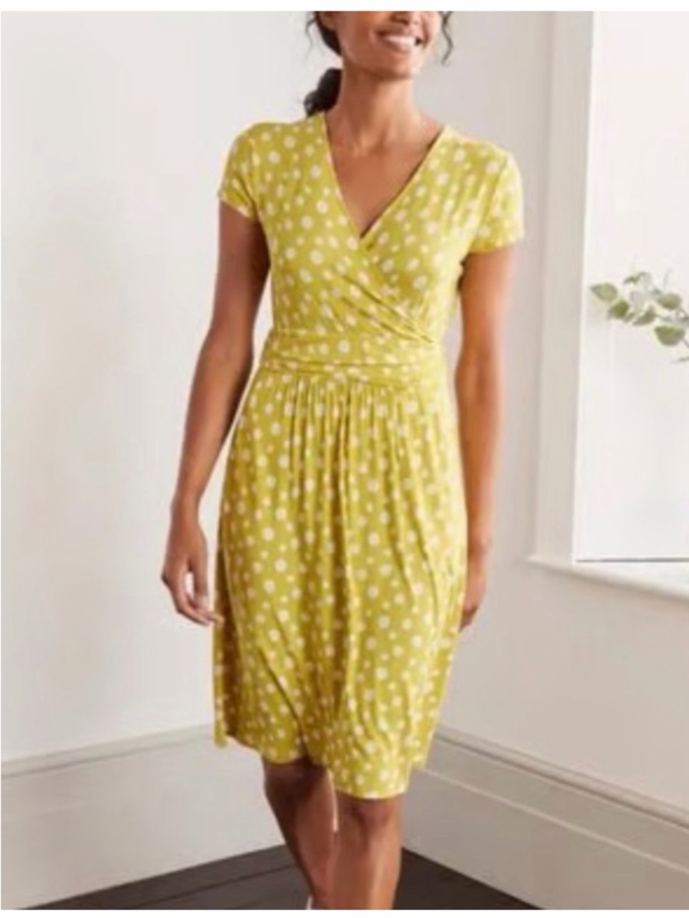 Boden Yellow Polka Dot Wrap Midi Dress
